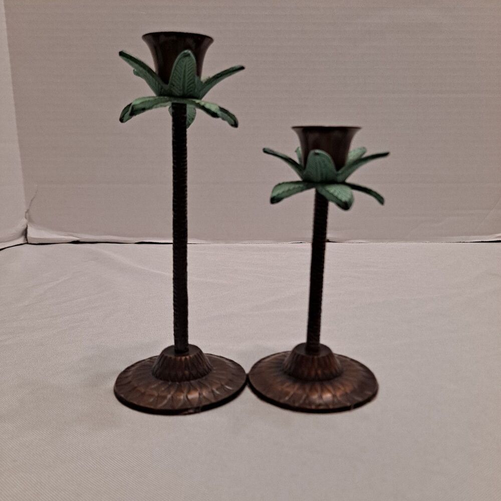 Palm Tree Candlestick Candle Holder Taper Tropical Tiki Island Metal 5", 6.5"
